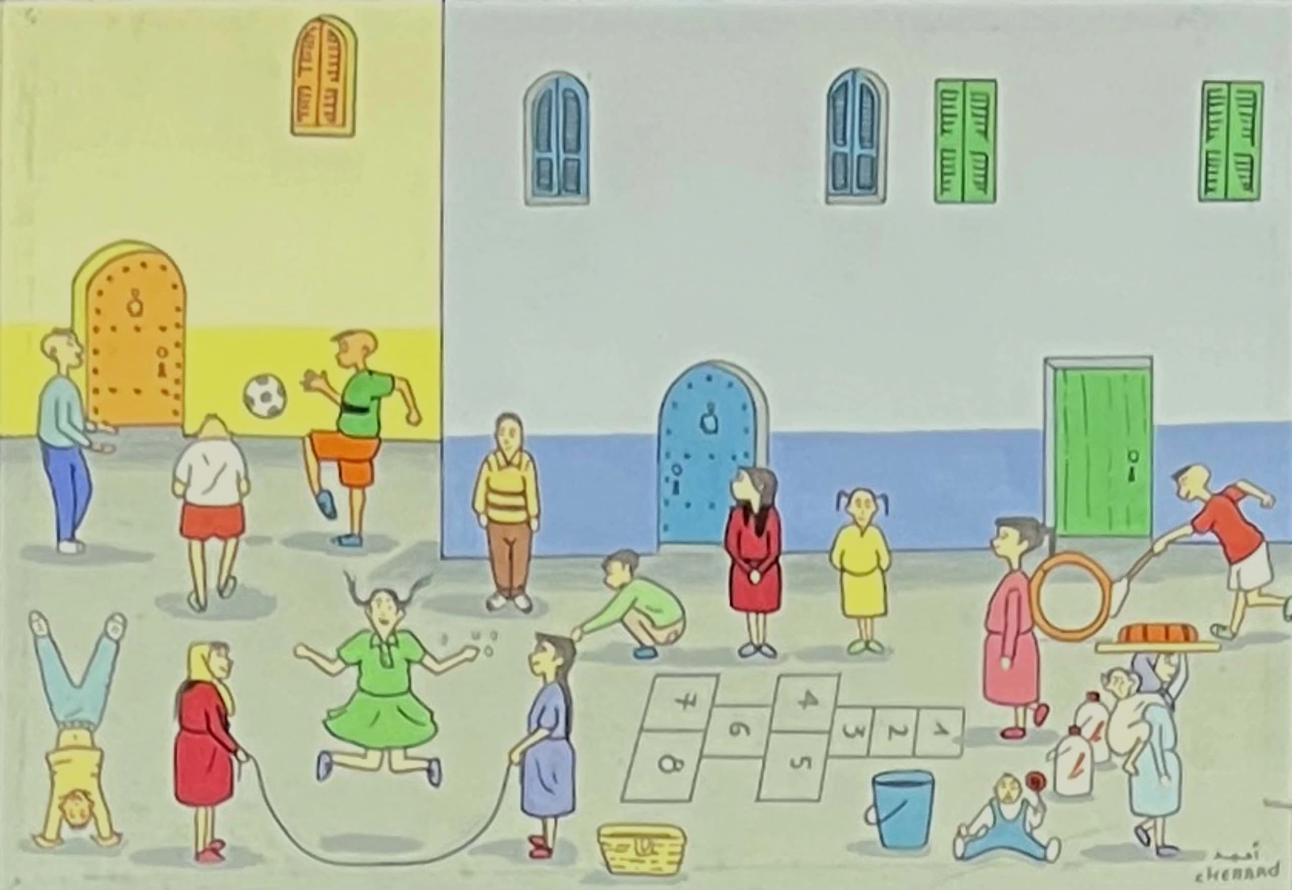 Tableau art naïf marocain - enfants jouant dans une cour marocaine