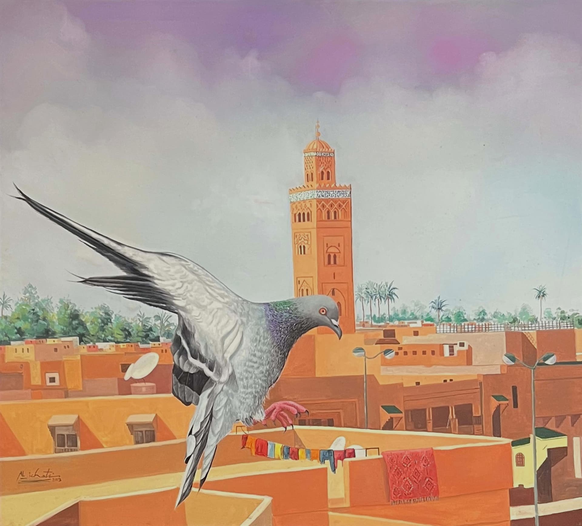 Tableau impressionniste marocain - cigogne devant la Koutoubia