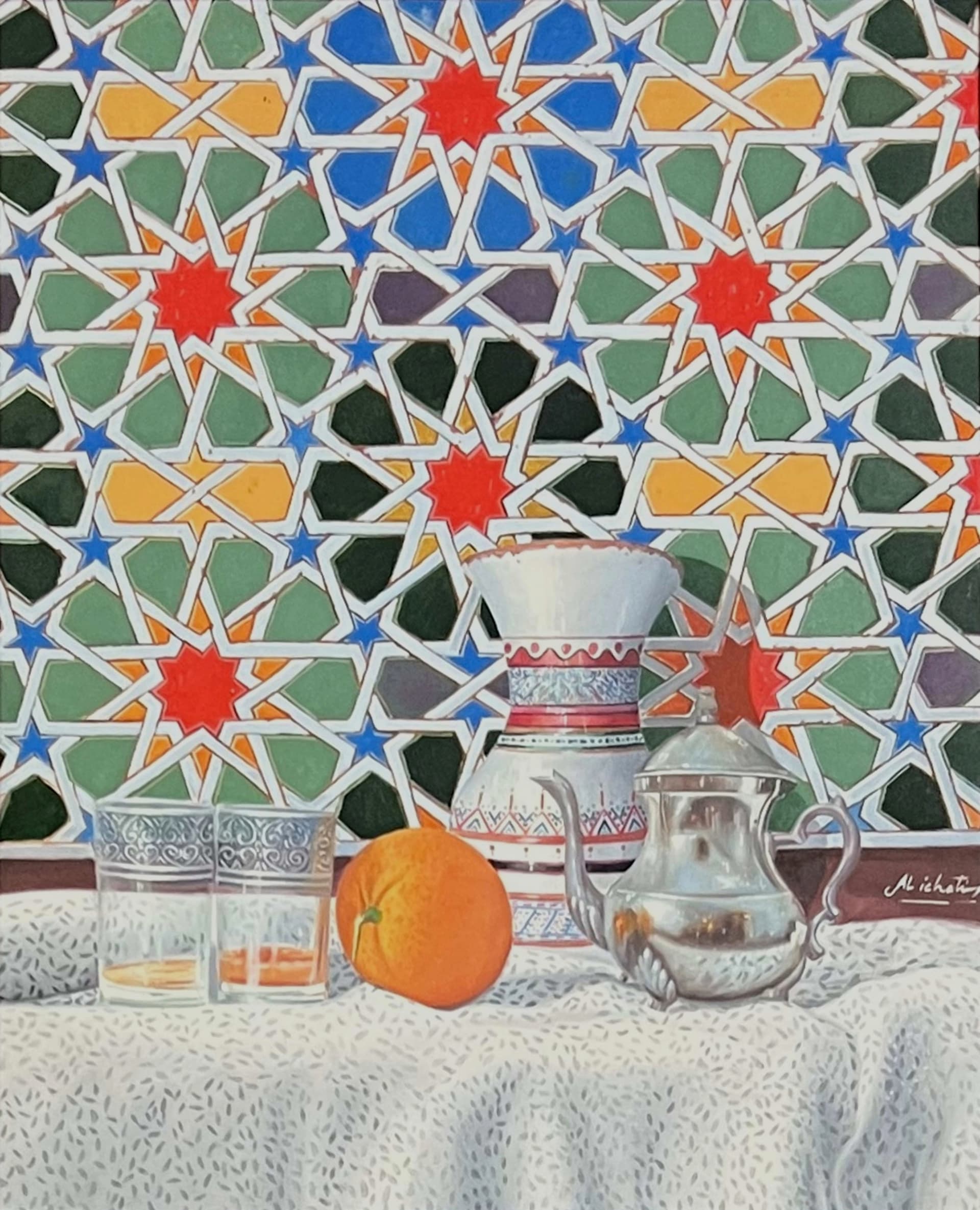 Tableau nature morte marocaine - service a thé devant zellige