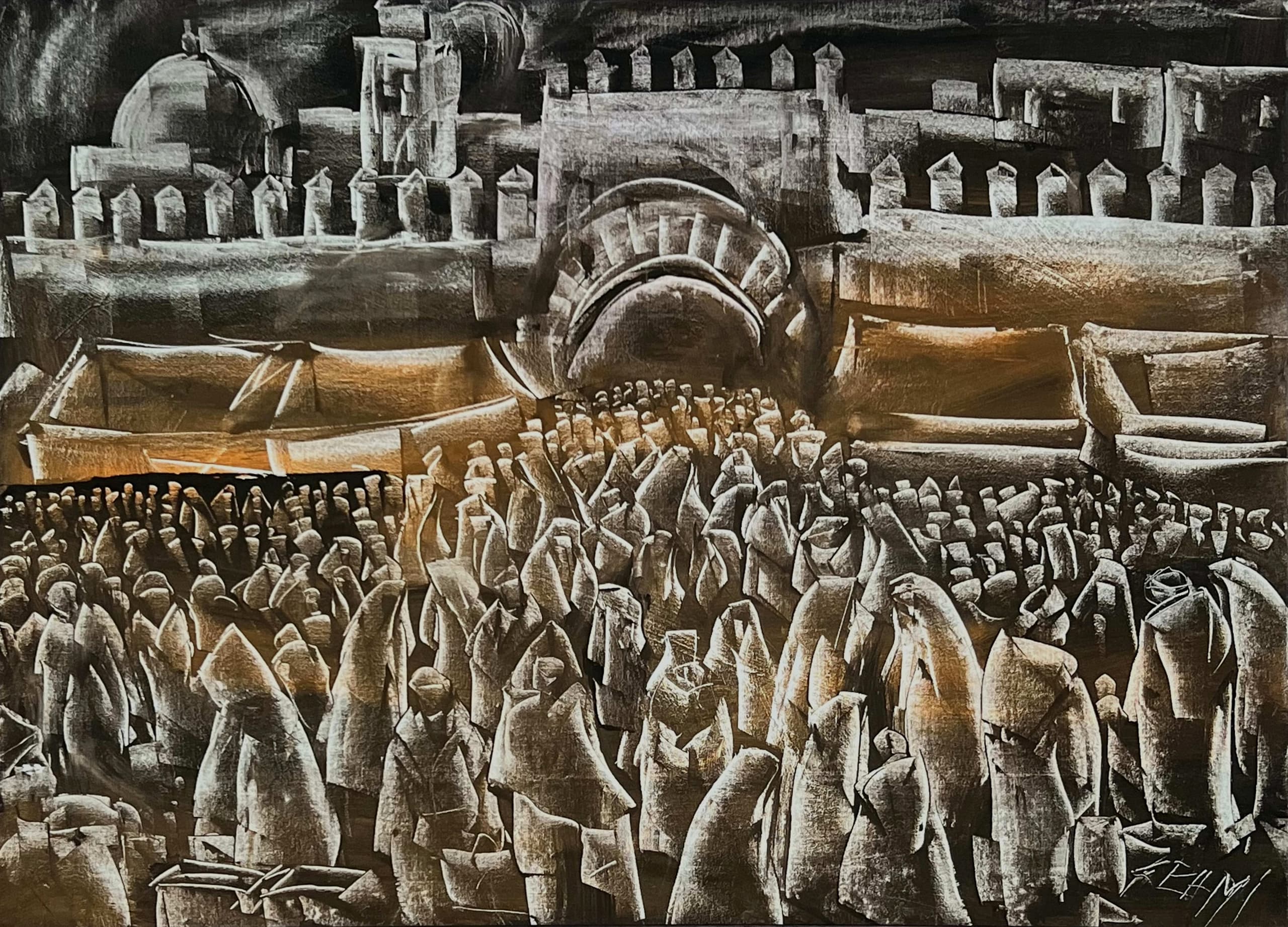 Tableau figuratif marocain - foule devant remparts