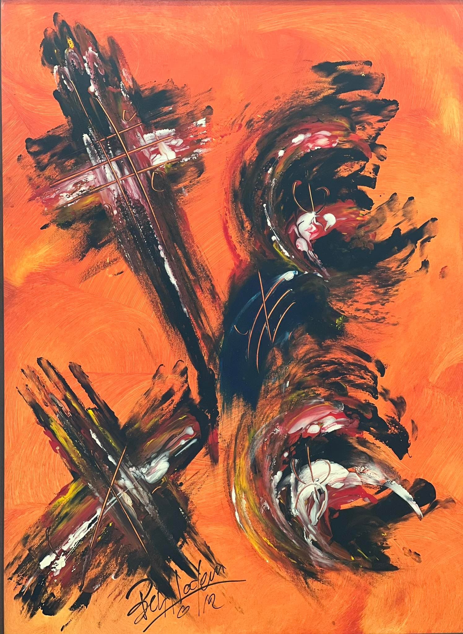 Tableau abstrait marocain - arbre noir sur fond orange