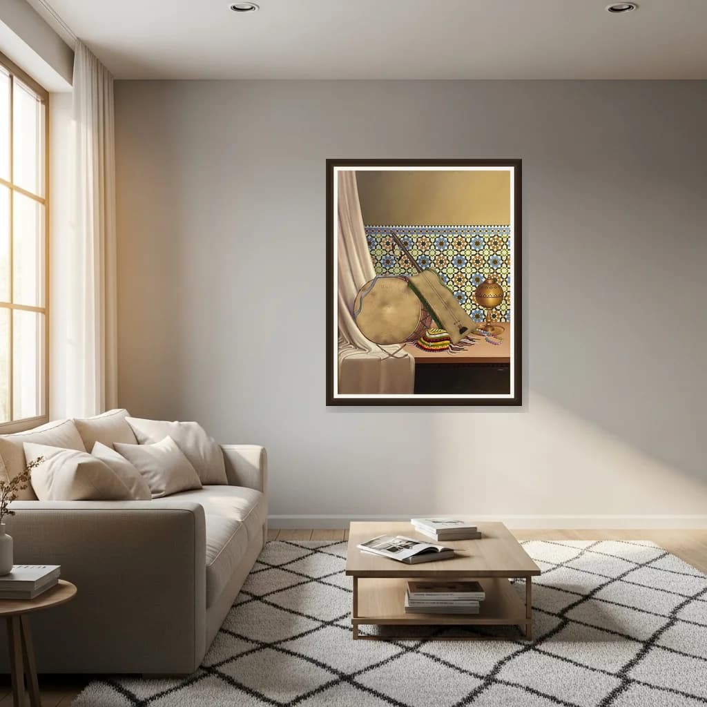 Tableau Marocain instruments traditionnels – tableau nature morte peint à la main par Saleh Bakri – vue 3