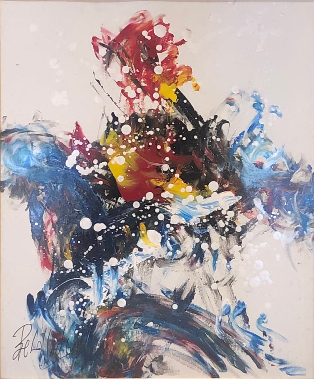 Tableau abstrait marocain - explosion rouge et bleue sur fond blanc
