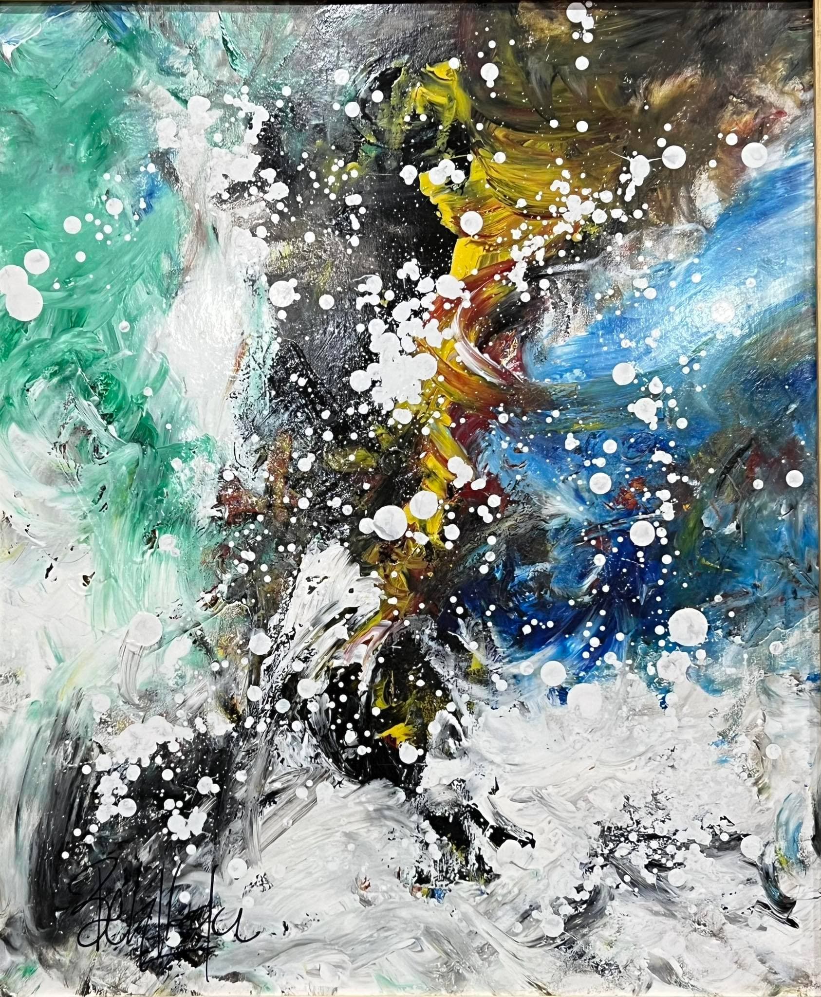 Tableau abstrait marocain - éclats turquoise et rouges