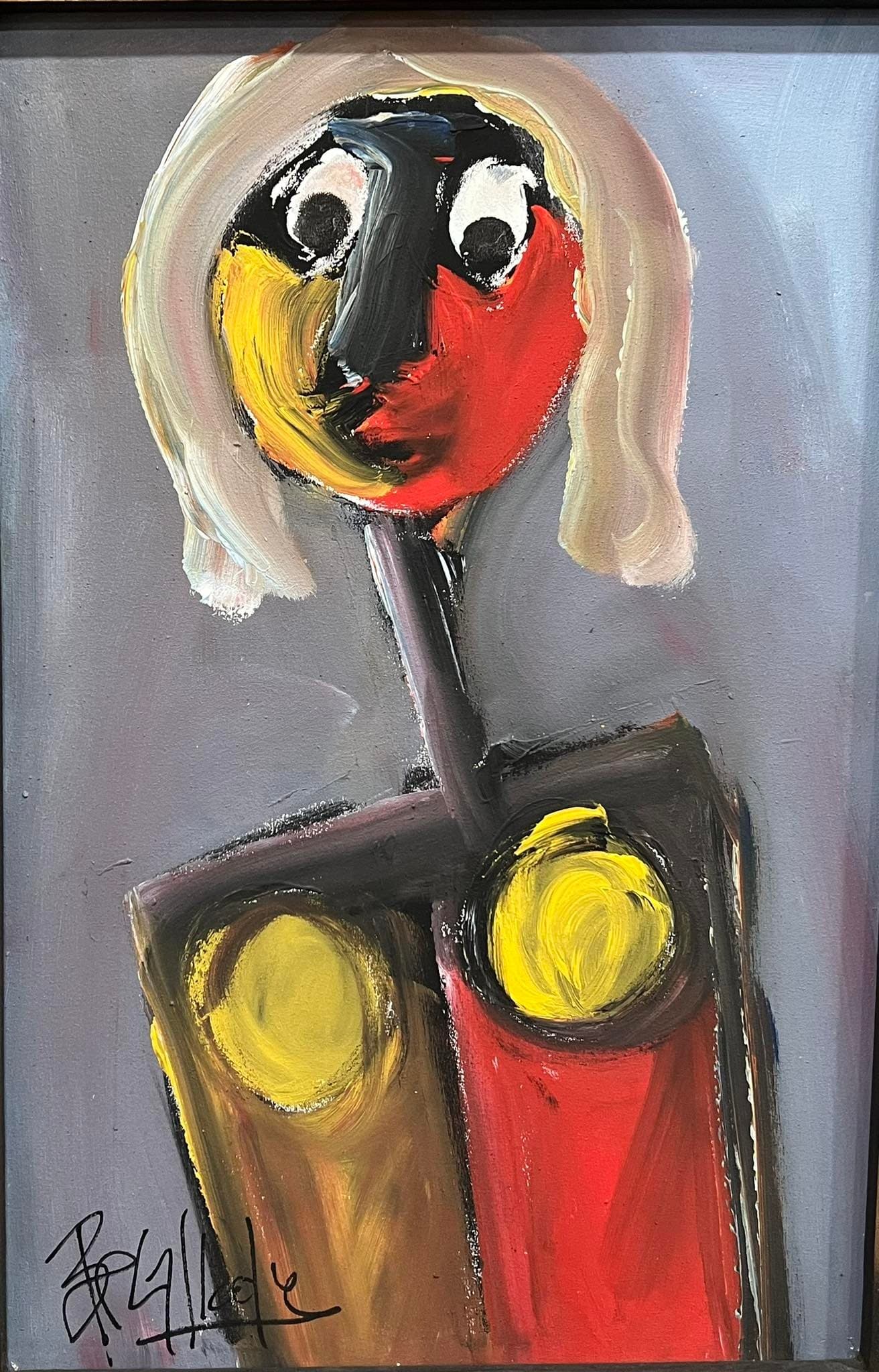 Tableau expressionniste marocain - visage stylisé aux yeux ronds