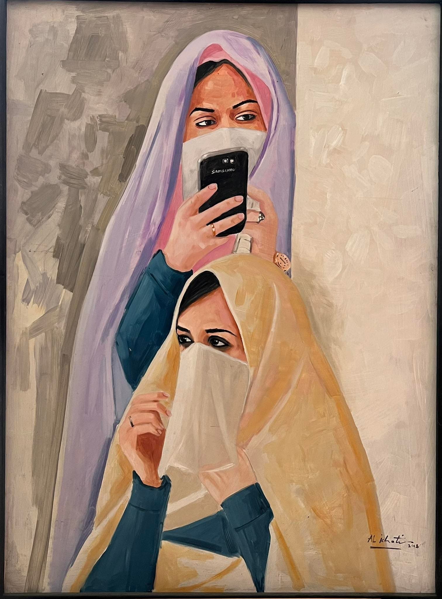 Tableau Figuratif femmes voilées contemporain – tableau figuratif peint à la main par Mohamed Al Ichati
