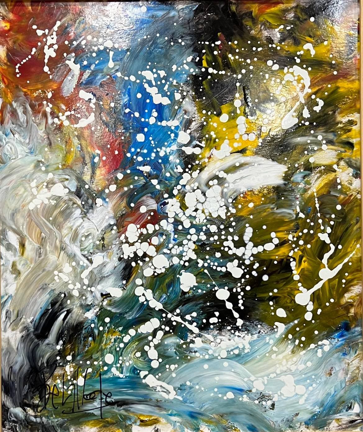 Tableau abstrait marocain - éclats bleus et rouges en mouvement