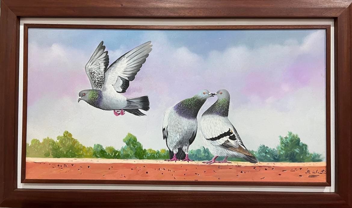 Tableau Pigeons figuratif romantique – tableau figuratif peint à la main par Mohamed Al Ichati