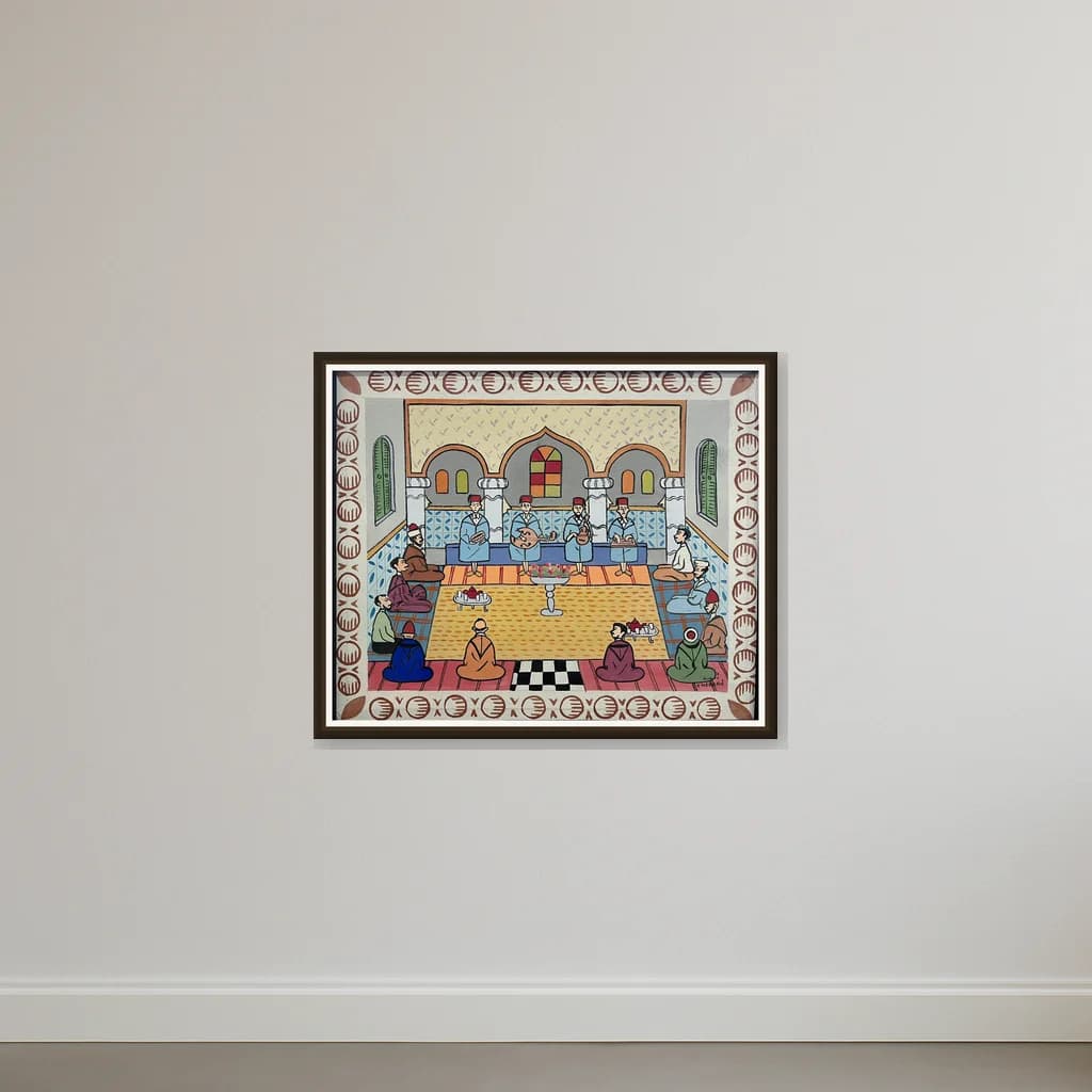 Tableau Scène marocaine musicale intérieure – tableau art naïf peint à la main par Ahmed Cherrad – vue 2