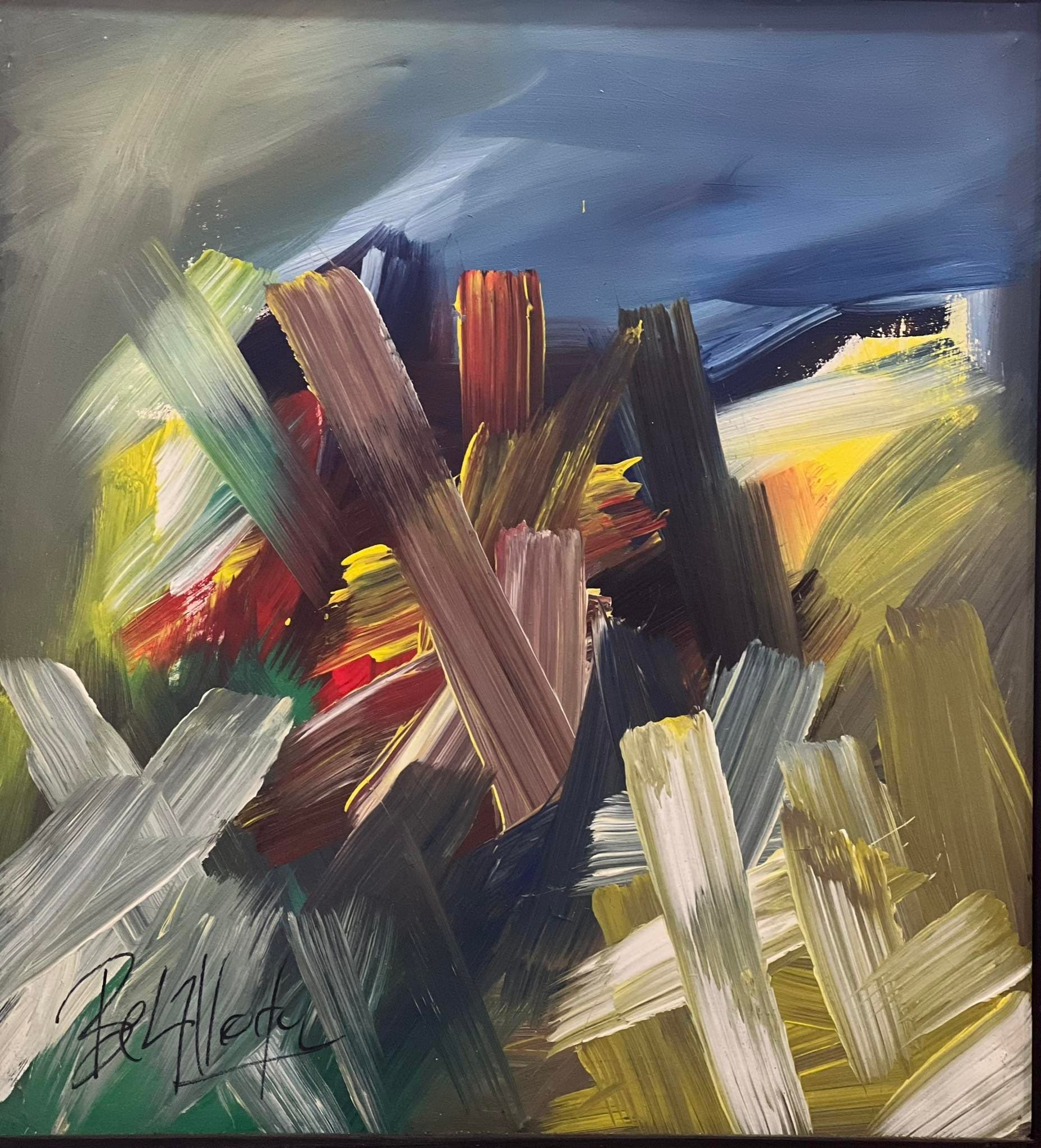 Tableau abstrait marocain - touches gestuelles sur fond sombre