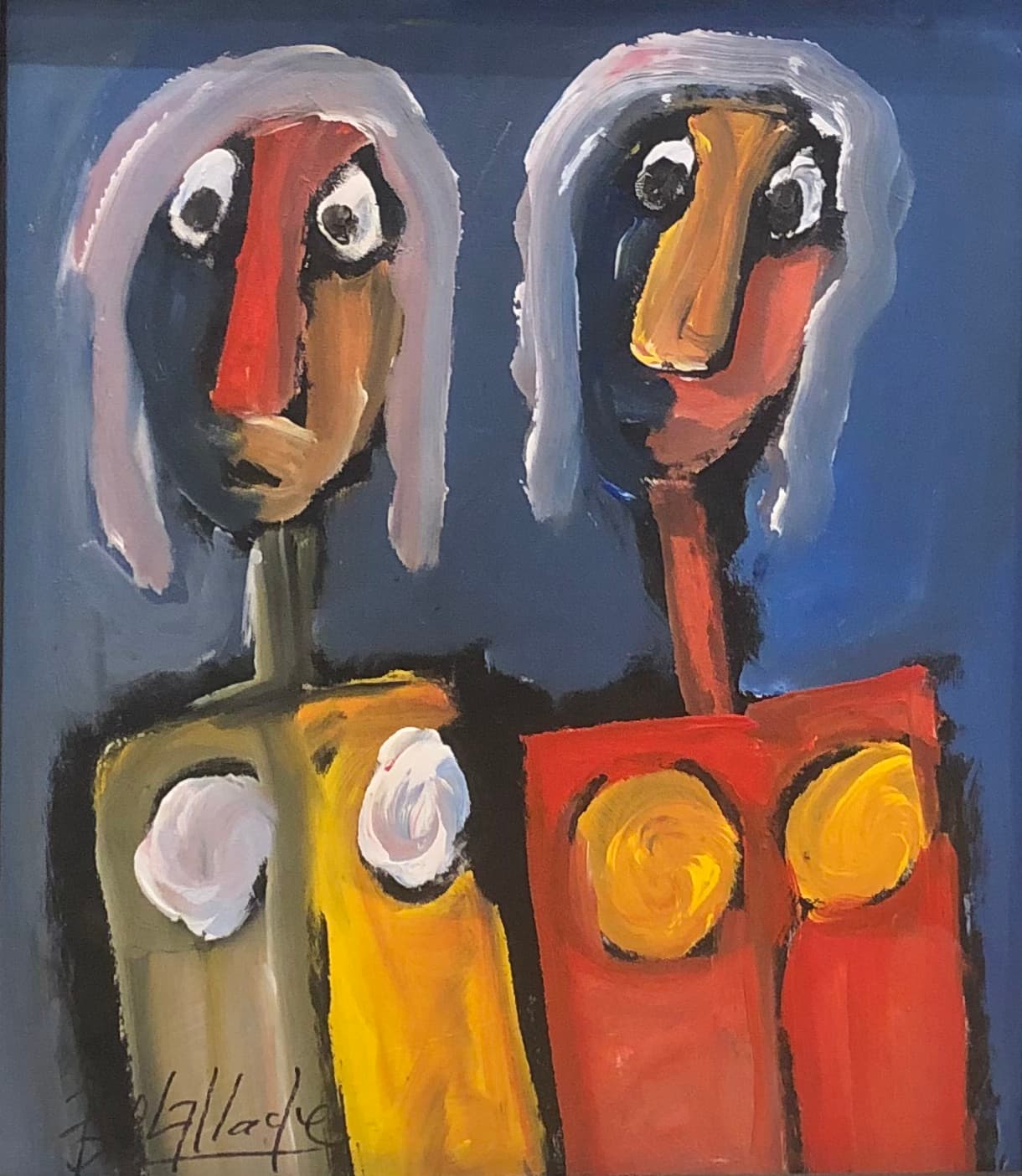 Tableau expressionniste marocain - duo de personnages jaunes et rouges