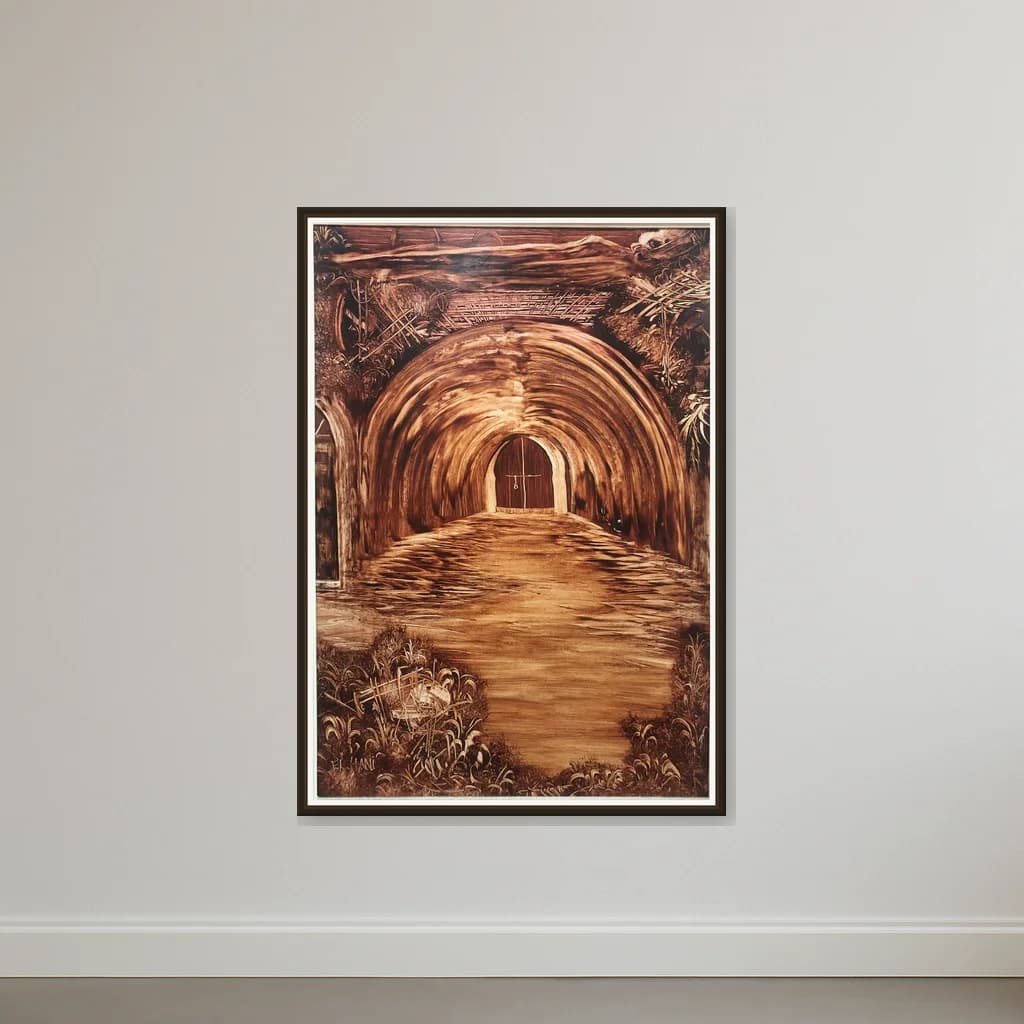 Tableau Porte marocaine tunnel ocre – tableau impressionisme peint à la main par El Hani – vue 2