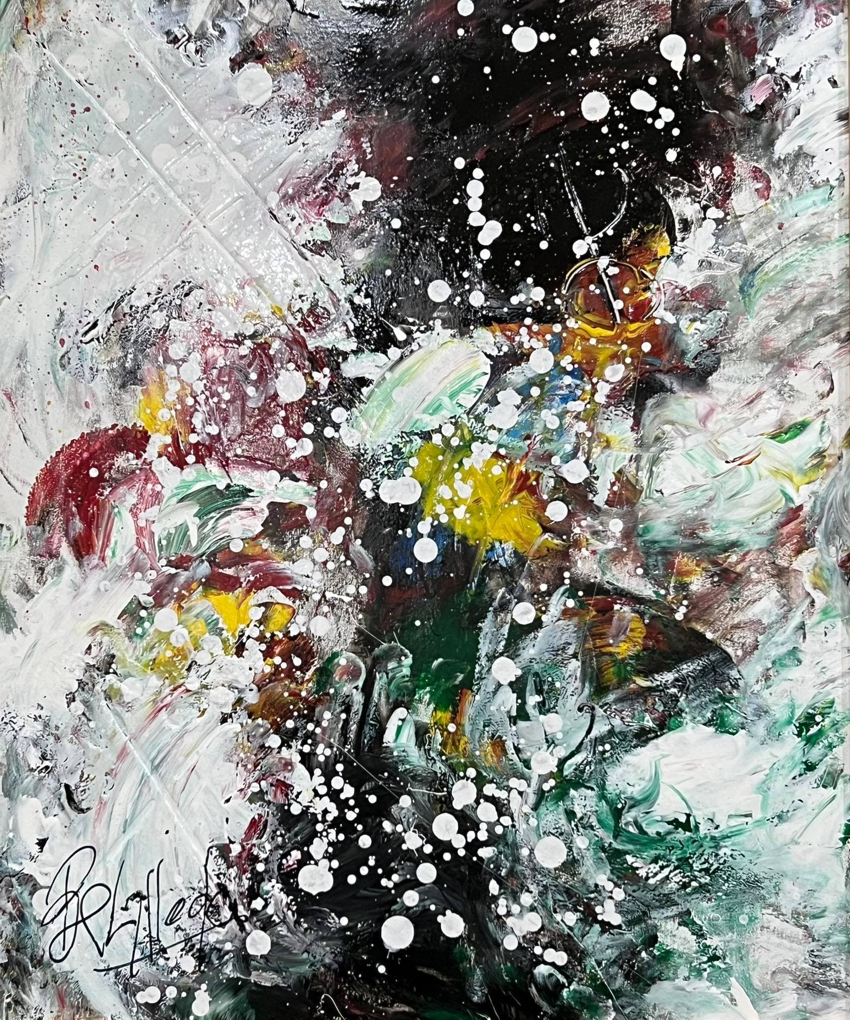 Tableau abstrait marocain - explosion chromatique verte et rouge