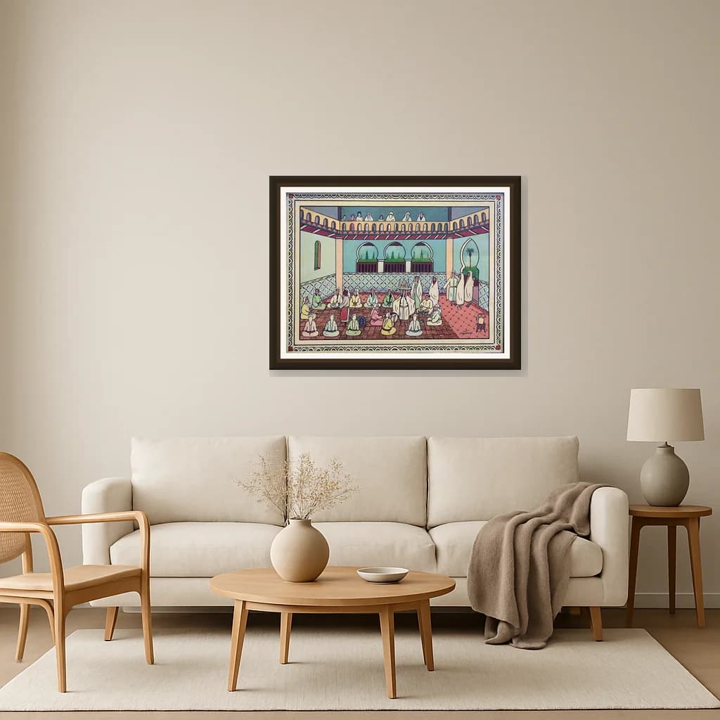Tableau scène marocaine traditionnelle intérieur architectural – tableau art naïf peint à la main par Ahmed Cherrad – vue 3