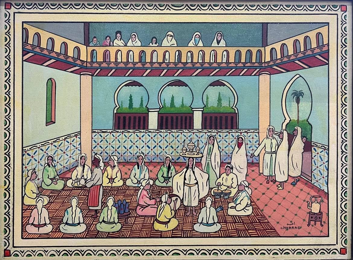 Tableau scène marocaine traditionnelle intérieur architectural