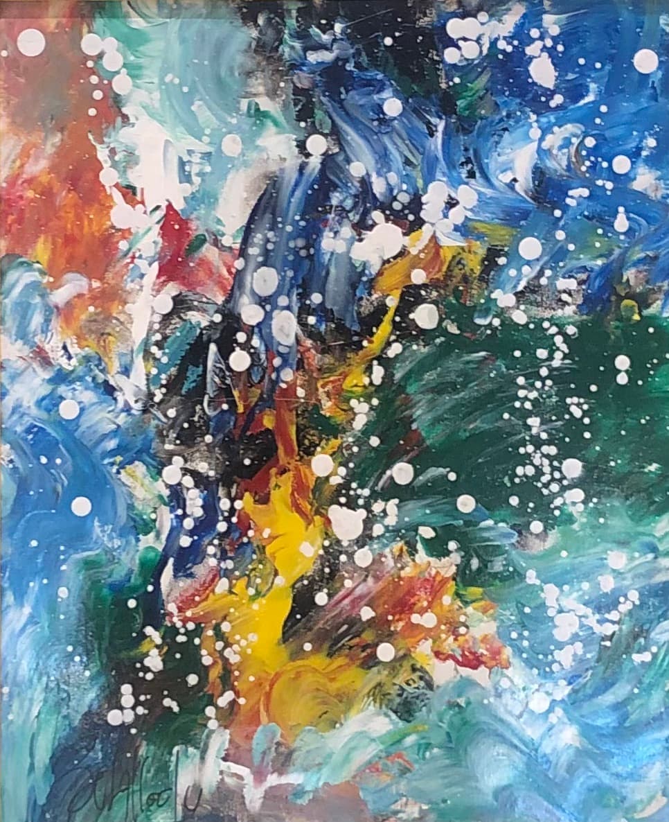 Tableau abstrait marocain - éclats bleus et rouges gestuels