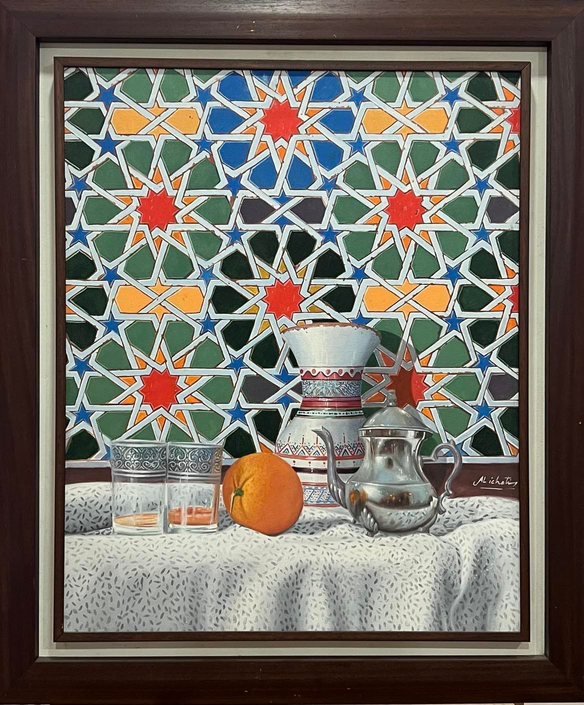 Tableau Marocain Nature morte thé – tableau nature morte peint à la main par Mohamed Al Ichati