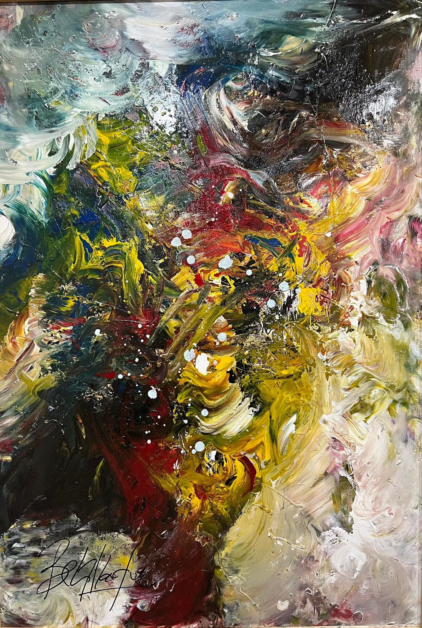 Tableau abstrait marocain - tourbillon orange et rouge