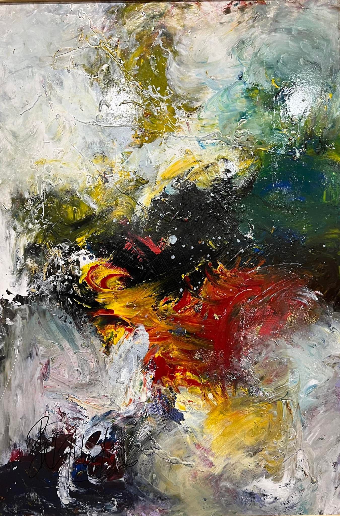 Tableau abstrait marocain - tourbillon vert et orange