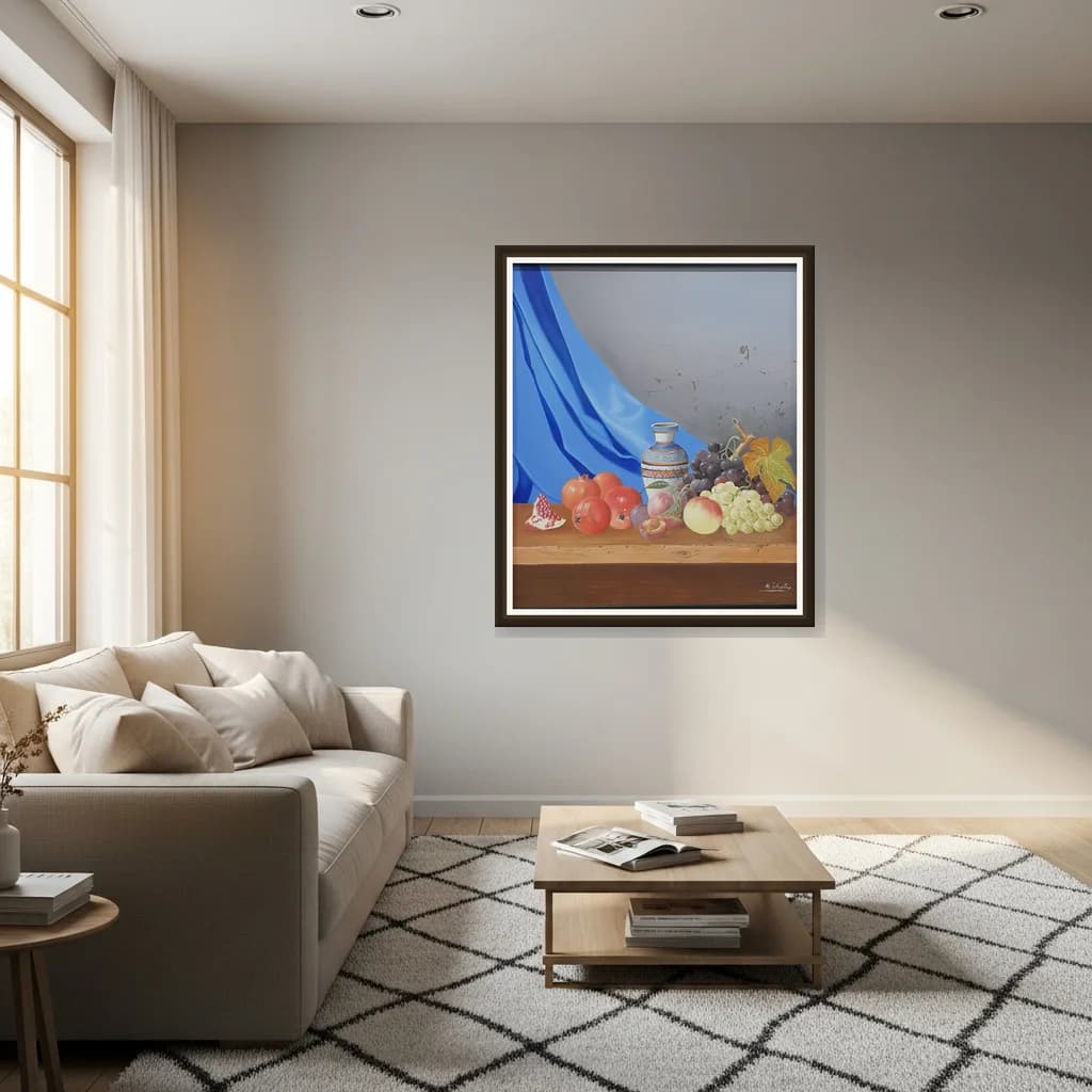 Tableau Nature morte fruits et vase marocain – tableau nature morte peint à la main par Mohamed Al Ichati – vue 3