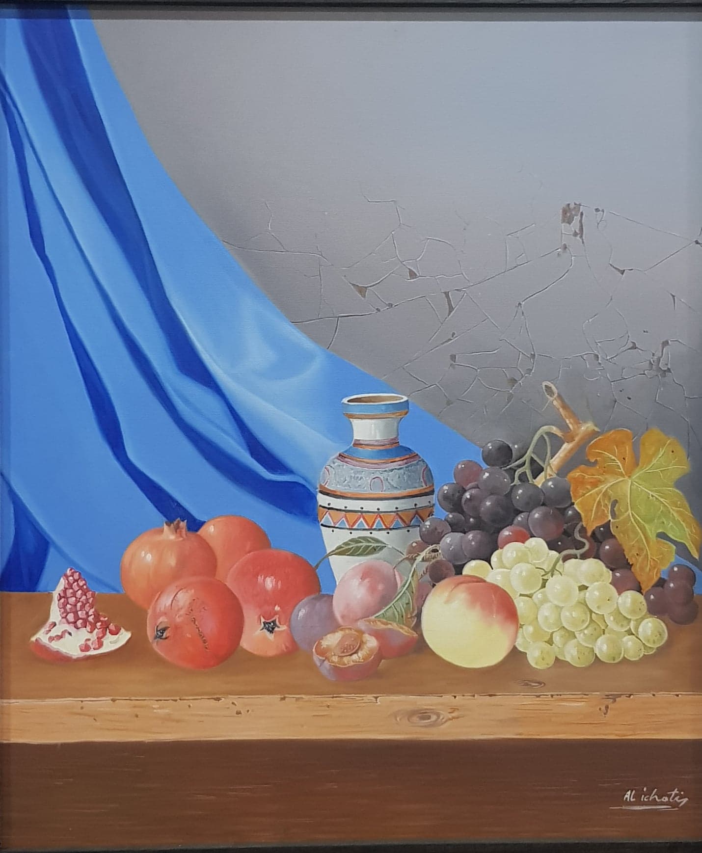 Tableau Nature morte fruits et vase marocain