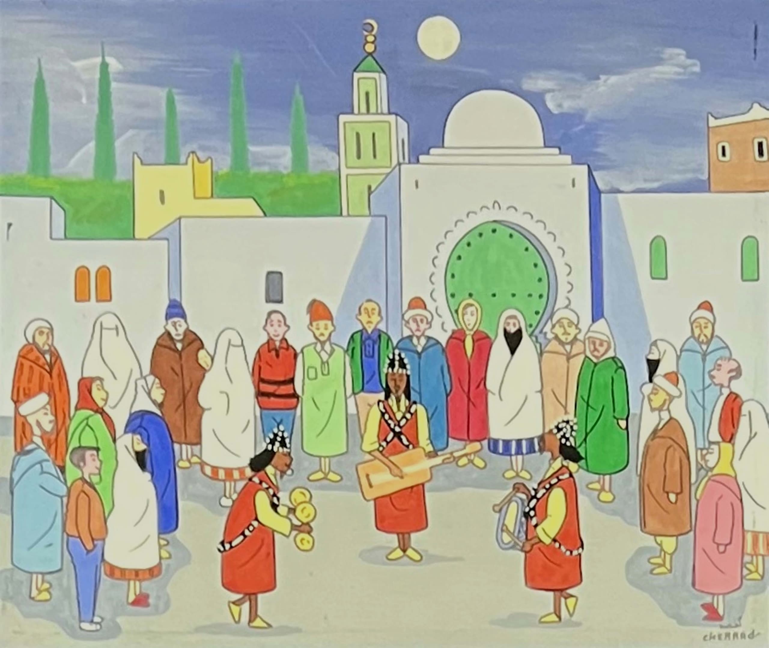 Tableau art naïf marocain - moussem devant la mosquée