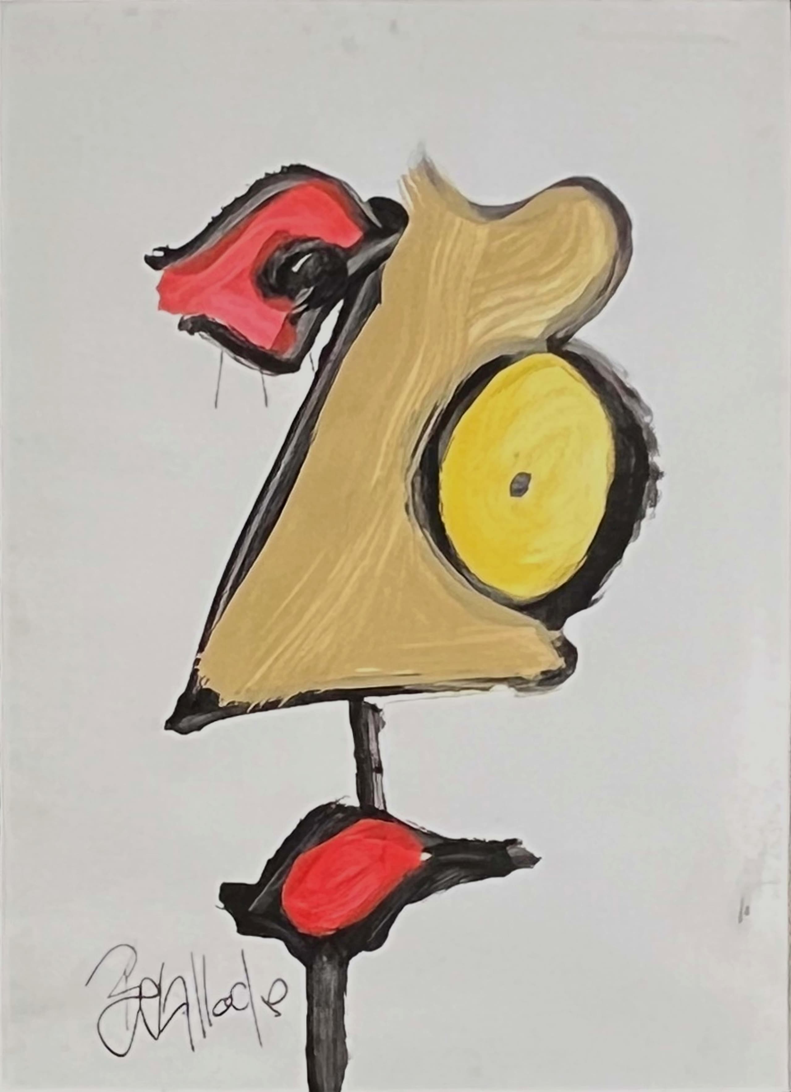 Tableau expressionniste marocain - oiseau stylise jaune et rouge