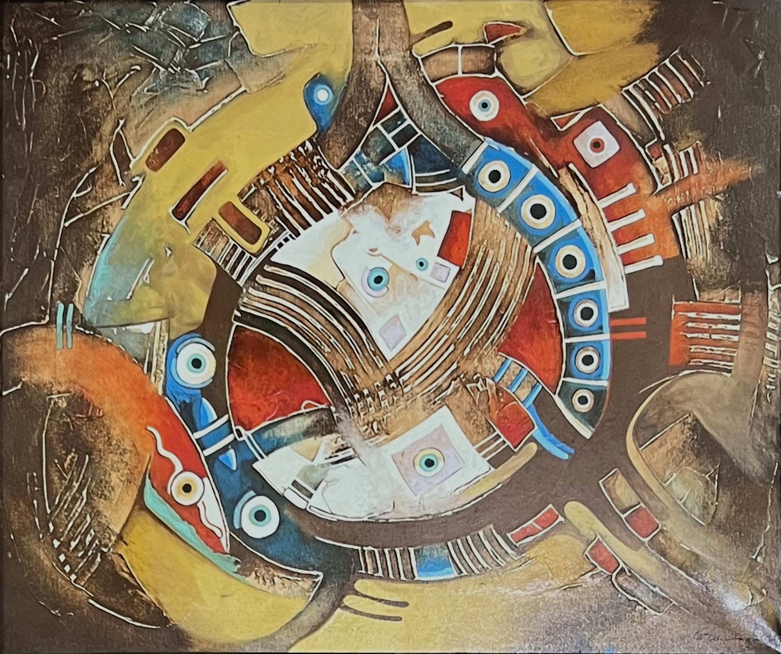 Tableau abstrait marocain - composition aux signes et instruments