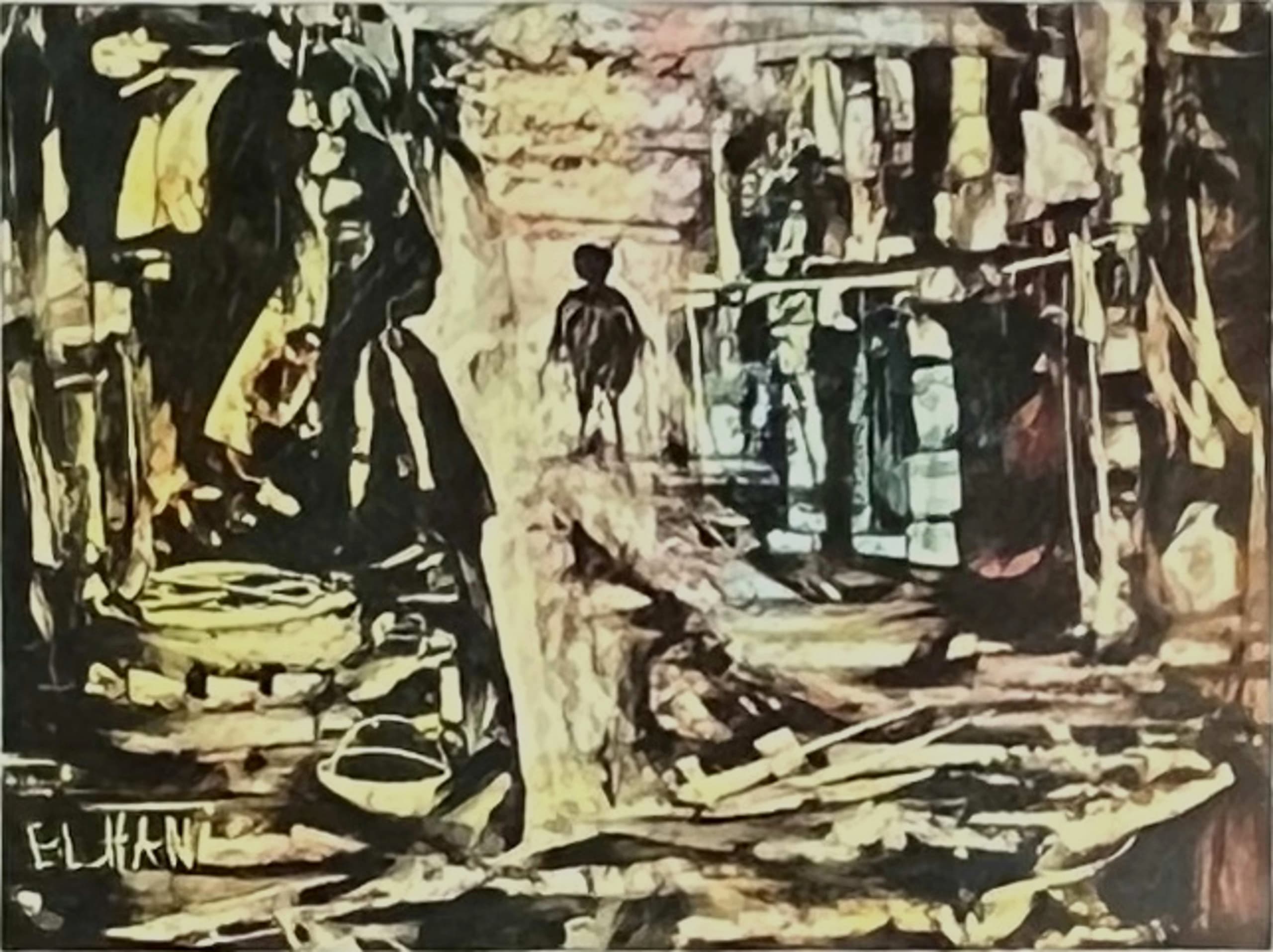 Tableau impressionniste marocain - ruelle d'atelier et silhouettes