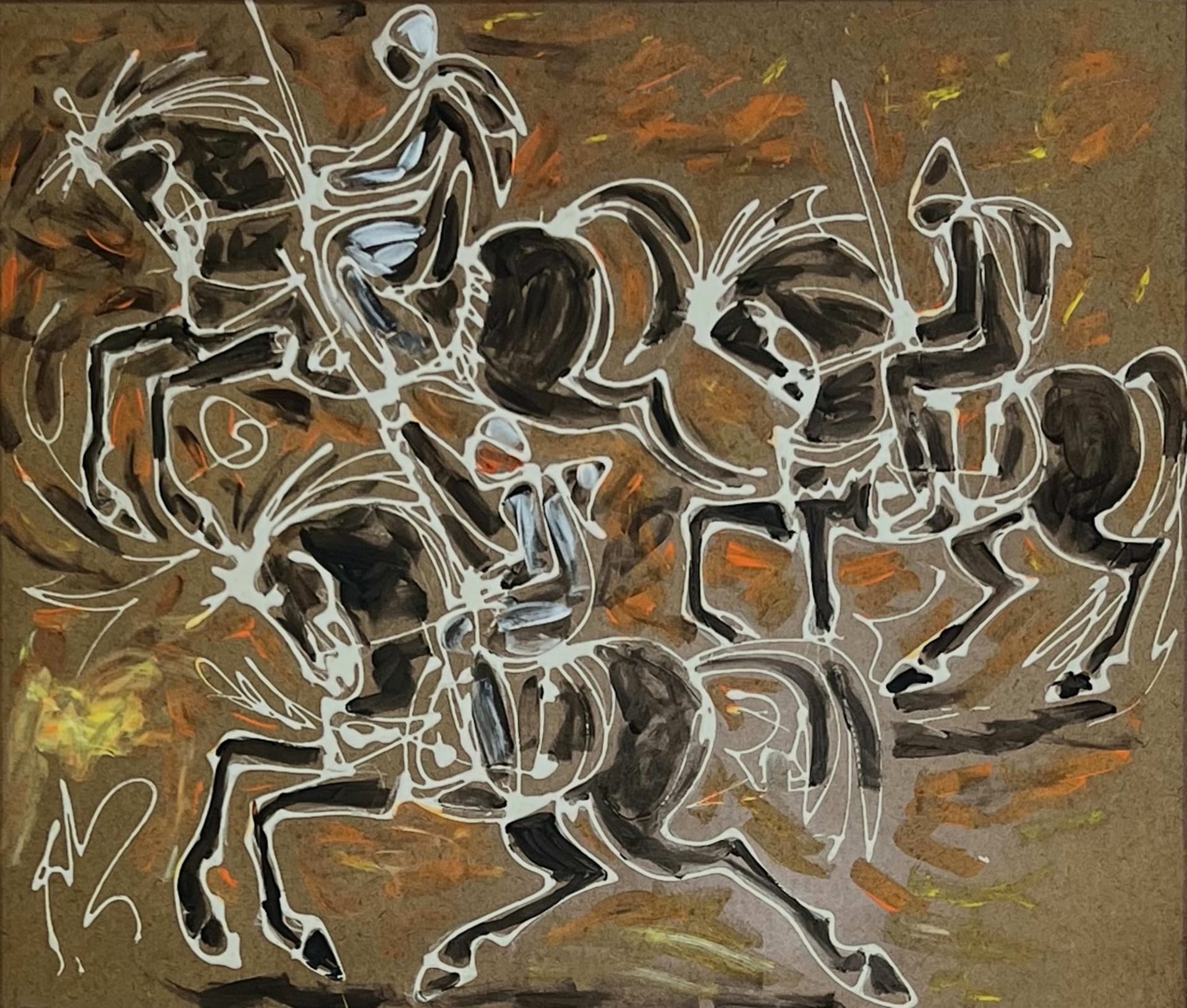 Tableau expressionniste marocain - cavaliers de fantasia stylisés
