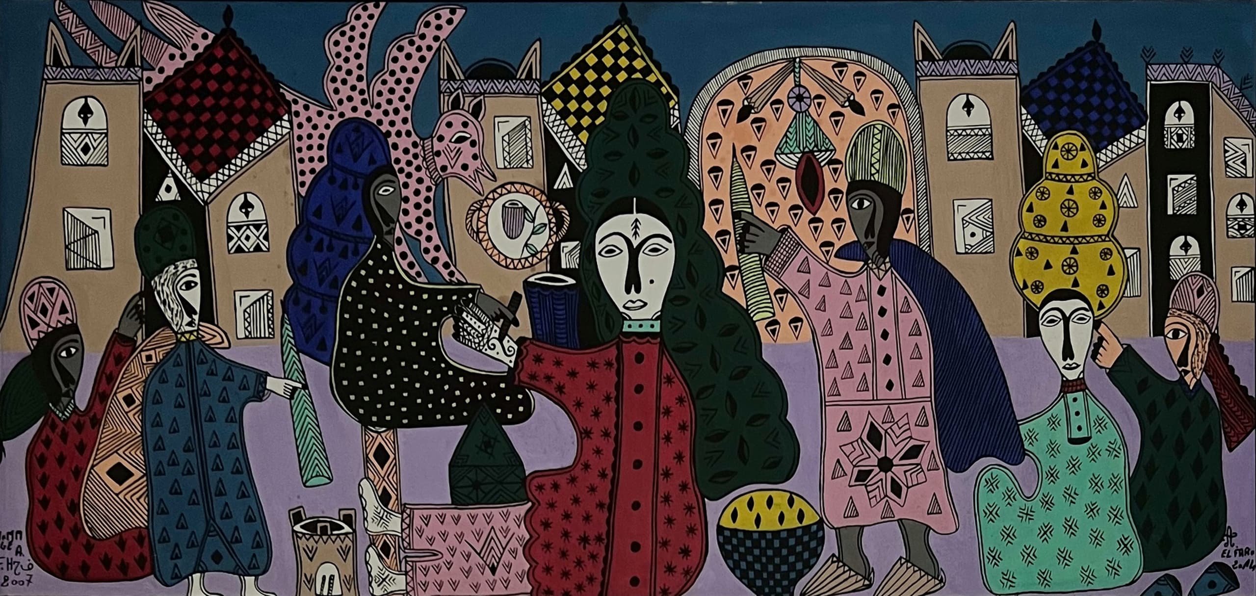 Hommage à Fatima El Farouj — Tableau art naïf marocain - femmes et nature morte aux motifs